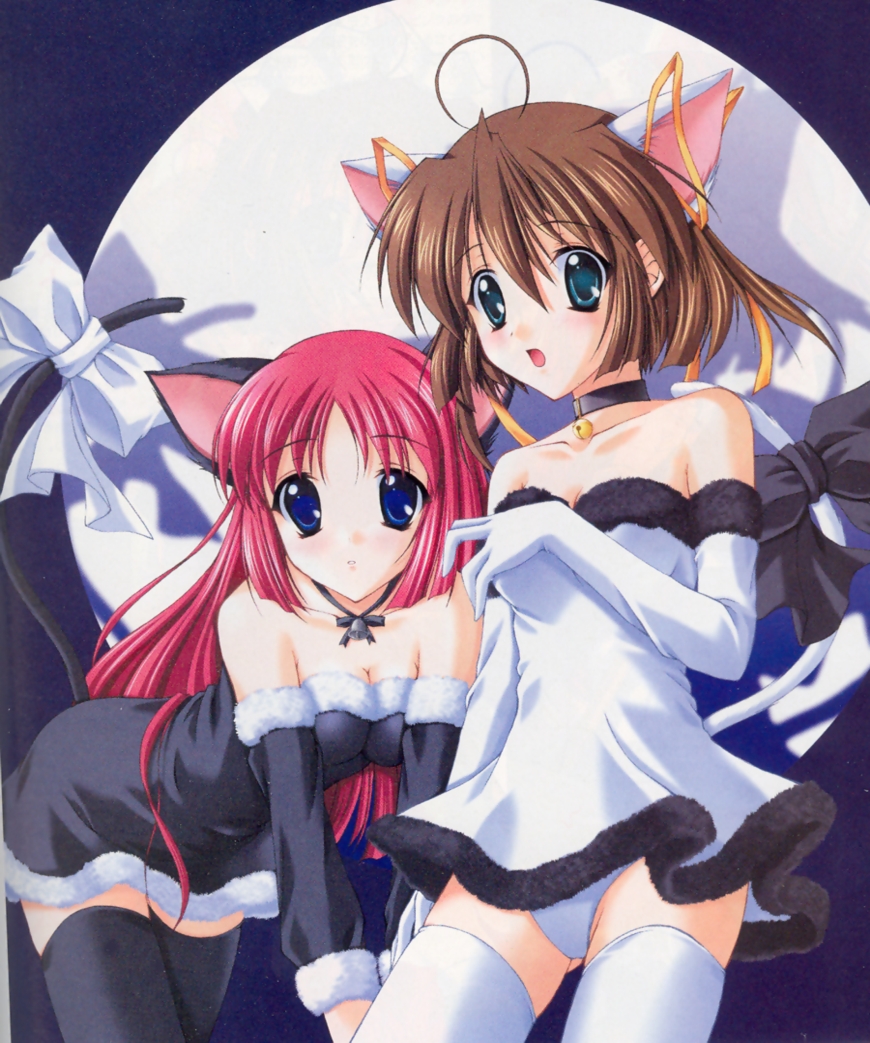 asakura nemu, shirakawa kotori, da capo, da capo i, black legwear, white legwear, 00s, 2girls, animal ears, bell, blue eyes, bow, cat ears, cat tail, choker, dress, elbow gloves, fur-trimmed gloves, fur trim, gloves, jingle bell, multiple girls, neck bell, panties, red hair, ribbon, short dress, strapless, strapless dress, tail, tail bow, tail ornament, thighhighs, underwear, white gloves, white panties