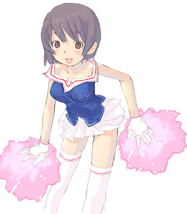 tougetsu gou, original, 1girl, cheerleader, clothes writing, female focus, pom pom (cheerleading), simple background, solo, syzluna, thighhighs, white background, white thighhighs