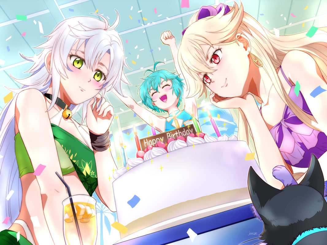 xiacheng tatsuya, celine (sen no kiseki), fie claussell, millium orion, roselia millstein, eiyuu densetsu, hajimari no kiseki, 1other, 3girls, ahoge, animal, bell, bikini, birthday cake, birthday party, blonde hair, blue hair, blush, cake, candle, cat, closed mouth, cocktail glass, confetti, cup, double-parted bangs, drinking glass, drinking straw, earrings, embarrassed, english text, food, fruit, hair between eyes, happy birthday, icing, jewelry, jingle bell, long hair, long sidelocks, multiple girls, neck bell, open mouth, parted bangs, short hair, sideburns, sidelocks, smile, strawberry, strawberry cake, swimsuit, white hair