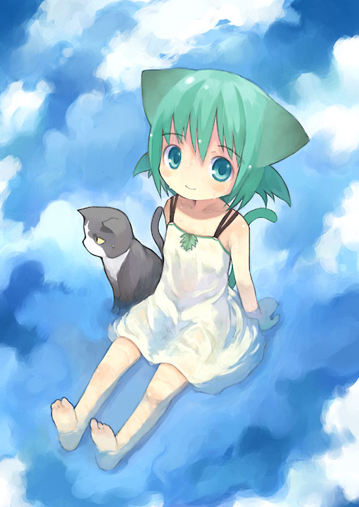 kito (sorahate), original, 1girl, animal, animal ears, aqua eyes, barefoot, cat, cat ears, cat girl, cat tail, feet, female focus, green hair, partially submerged, reflection, reflective water, sitting, solo, tail, water