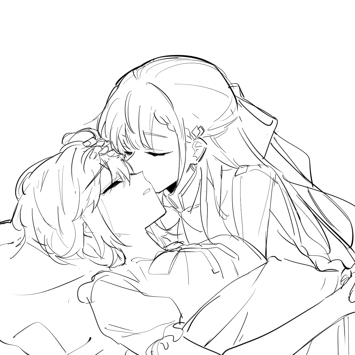 kaeshi (yuukaeshi), anisphia wynn palettia, euphyllia magenta, tensei oujo to tensai reijou no mahou kakumei, highres, 2girls, closed eyes, greyscale, hair ribbon, kiss, kissing cheek, long hair, medium hair, monochrome, multiple girls, parted lips, ribbon, short sleeves, tears, under covers, yuri