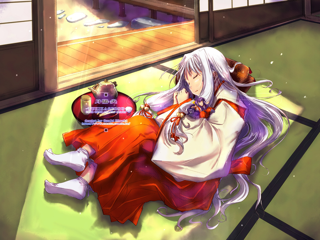 arima yuzu, tsuki kagerou, 00s, 1girl, cup, doll, female focus, hakama, hakama skirt, japanese clothes, long hair, miko, purple hair, red hakama, skirt, sleeping, socks, solo, tabi, tatami, tea, teapot, yunomi