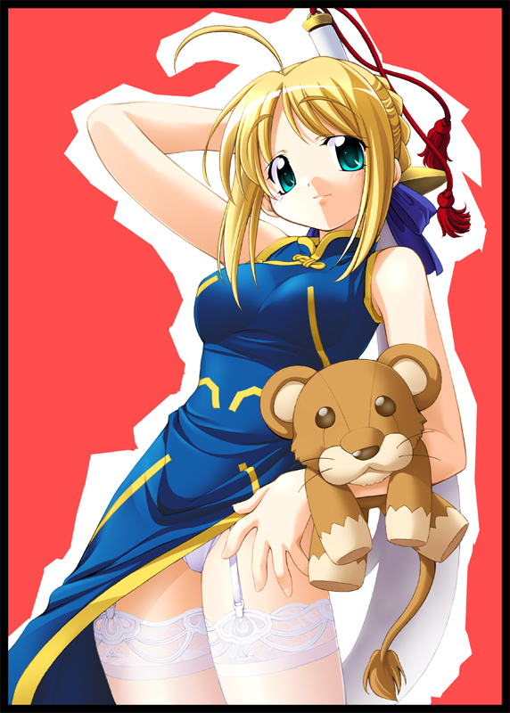 r-gray, artoria pendragon (fate), saber (fate), fate/stay night, fate (series), lace-trimmed legwear, 00s, 1girl, alternate costume, blonde hair, china dress, chinese clothes, dress, female focus, garter belt, lace, lace trim, lingerie, lion, panties, pantyshot, solo, standing, stuffed animal, stuffed lion, stuffed toy, thighhighs, underwear, white panties, white thighhighs, zettai ryouiki