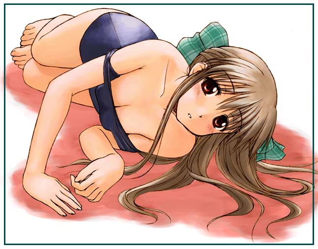 hirasaka makoto, kurata sayuri, kanon, 1girl, barefoot, breasts, cleavage, female focus, hair spread out, large breasts, one-piece swimsuit, school swimsuit, solo, swimsuit