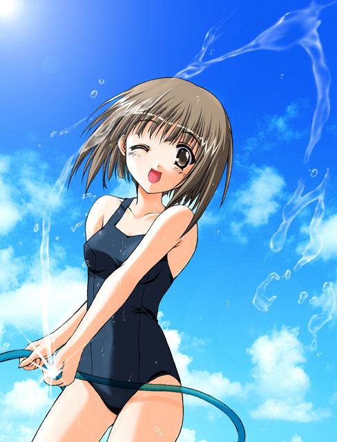 iwasaki kouji, 1girl, brown hair, cloud, day, female focus, happy, hose, one-piece swimsuit, one eye closed, school swimsuit, short hair, sky, smile, solo, swimsuit, wet, wink