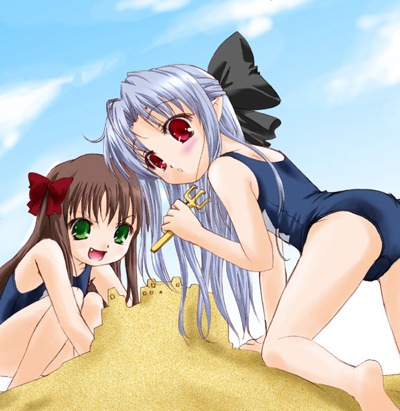 q-gaku, arima miyako, len (tsukihime), melty blood, tsukihime, 00s, 2girls, arm support, ass, barefoot, beach, bent over, blue hair, blush, bow, brown hair, building sand sculpture, cloud, day, fang, fork, green eyes, hair bow, half updo, long hair, looking back, multiple girls, one-piece swimsuit, outdoors, pointy ears, red eyes, sand, sand castle, sand sculpture, school swimsuit, sky, squatting, swimsuit