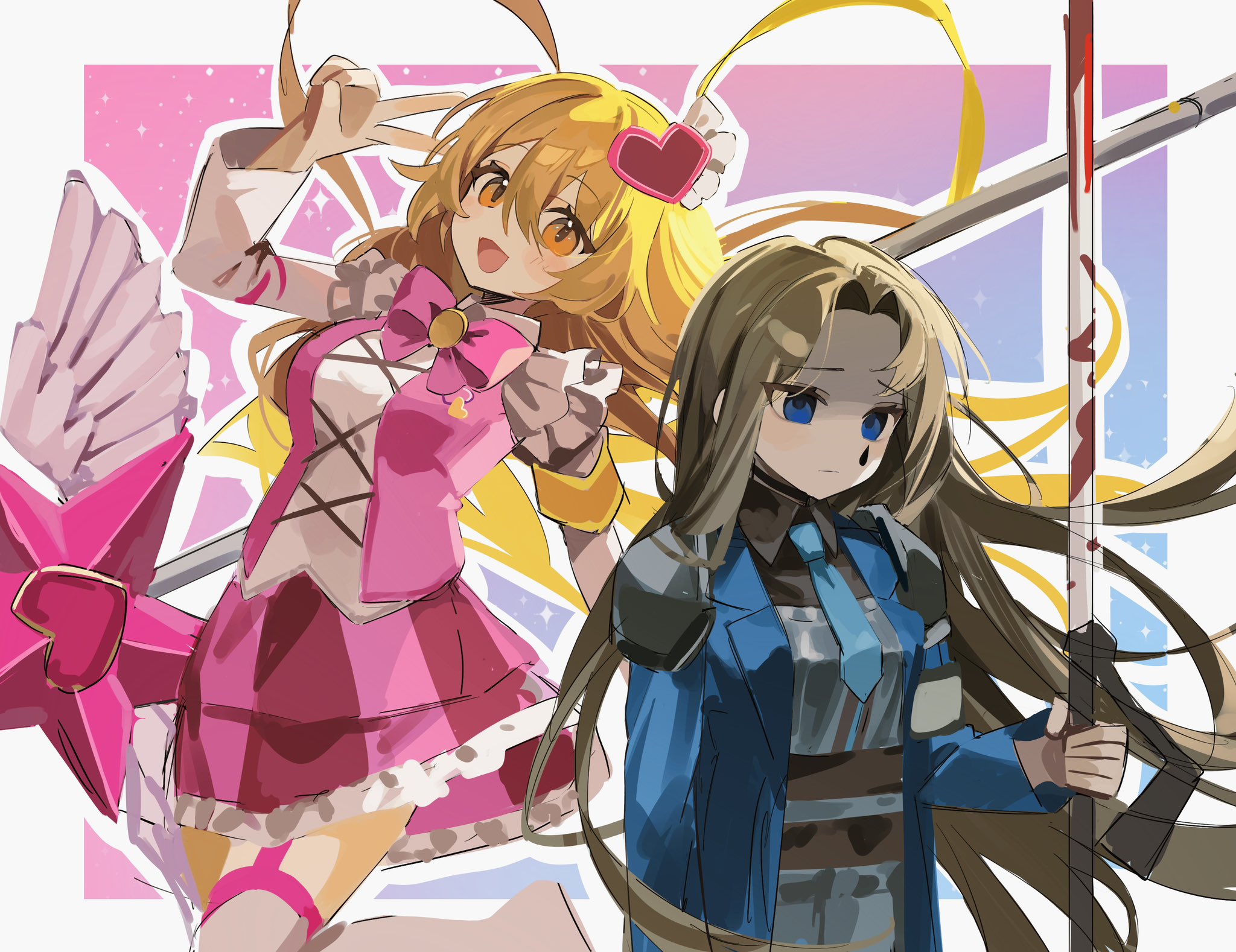 10rigar, don quixote (project moon), rodion (project moon), limbus company, project moon, highres, 2girls, armband, blonde hair, blue background, blue coat, blue eyes, blue necktie, border, bow, bowtie, brown hair, closed mouth, coat, collared shirt, e.g.o (project moon), gradient background, grey armband, hair ornament, heart, heart hair ornament, in the name of love and hate (e.g.o), long hair, long sleeves, looking at viewer, multiple girls, necktie, open mouth, orange armband, pink background, pink bow, pink bowtie, pink garter straps, pink skirt, pink vest, shirt, simple background, skirt, standing, sword, teardrop facial mark, the sword sharpened with tears (e.g.o), thighhighs, two side up, upper body, vest, weapon, white border, white thighhighs, winged wand, yellow eyes