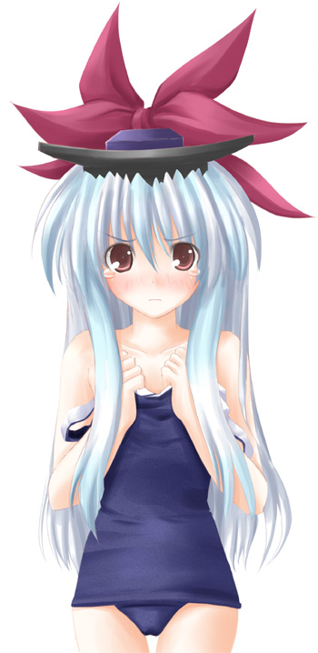 tateha (marvelous grace), kamishirasawa keine, touhou, 1girl, blush, brown eyes, clothes pull, female focus, hat, one-piece swimsuit, one-piece swimsuit pull, school swimsuit, simple background, solo, swimsuit, tears, white background, white hair