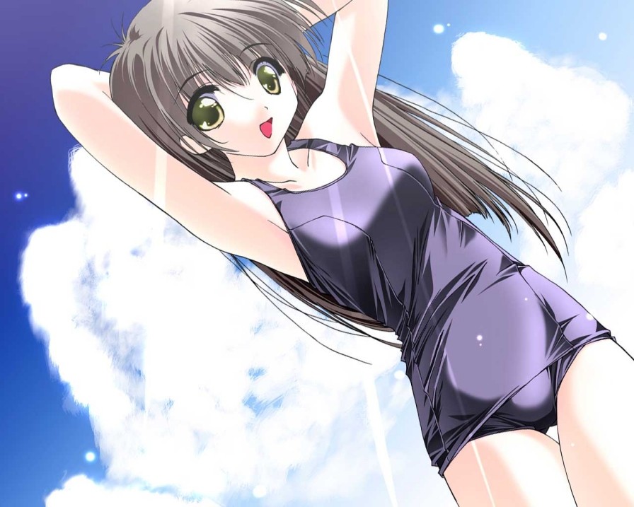 silver hair, 1girl, armpits, arms up, brown eyes, brown hair, cloud, day, dutch angle, female focus, long hair, one-piece swimsuit, open mouth, school swimsuit, sky, smile, solo, standing, swimsuit, thigh gap, thighs
