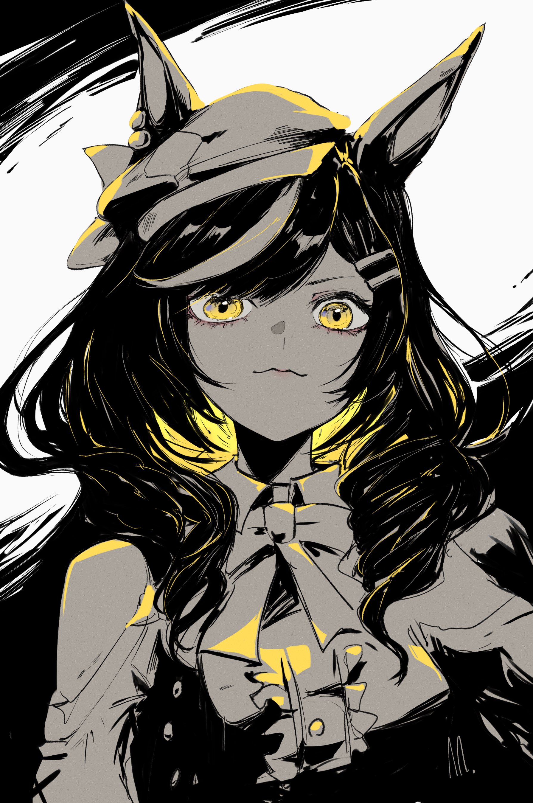 ringring (artist), matikanetannhauser (umamusume), umamusume, absurdres, highres, 1girl, animal ears, bare shoulders, bow, breasts, center frills, closed mouth, collared shirt, colored inner hair, frills, hair bow, hair ornament, hairclip, hat, horse ears, horse girl, lipstick, long sleeves, looking at viewer, makeup, medium breasts, multicolored hair, neck ribbon, newsboy cap, parallel hairclips, ribbon, shirt, solo, streaked hair, swept bangs, upper body, white background, white hair, yellow eyes