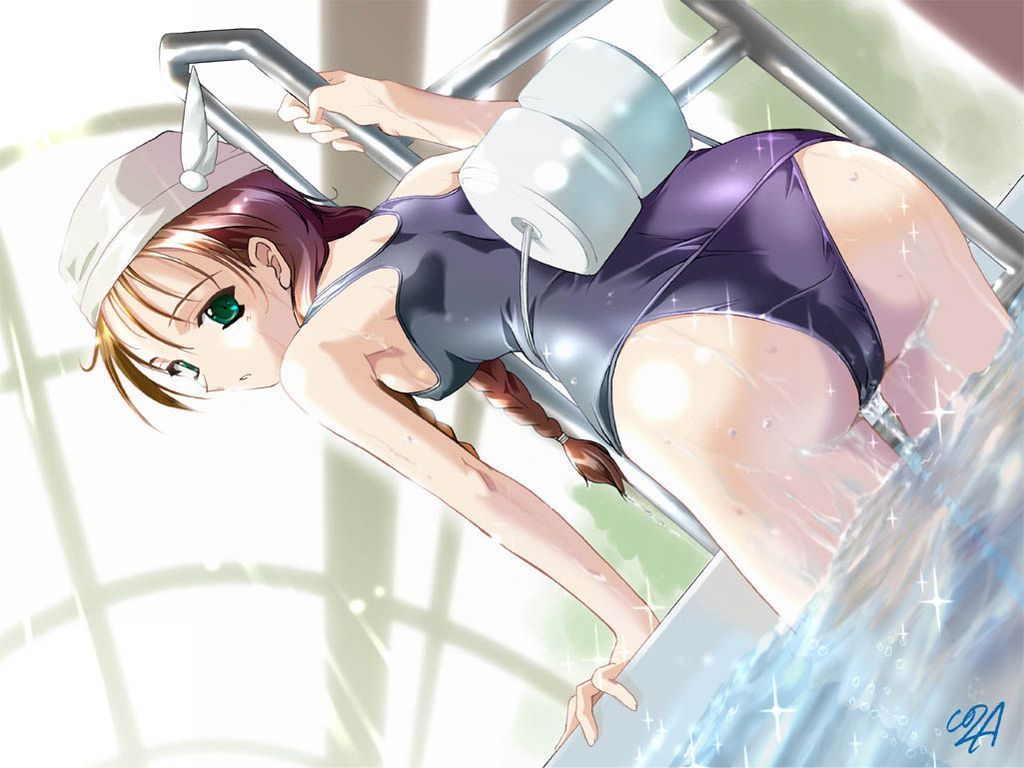 komatsu eiji, 1girl, arm support, ass, bent over, braid, breasts, brown hair, dutch angle, female focus, floatie, flotation aid, from behind, green eyes, head wings, indoors, ladder, long hair, looking back, one-piece swimsuit, pool, pool ladder, school swimsuit, shiny clothes, sideboob, signature, small breasts, solo, swim cap, swimsuit, twin braids, wading, water, wet, winged hat, wings