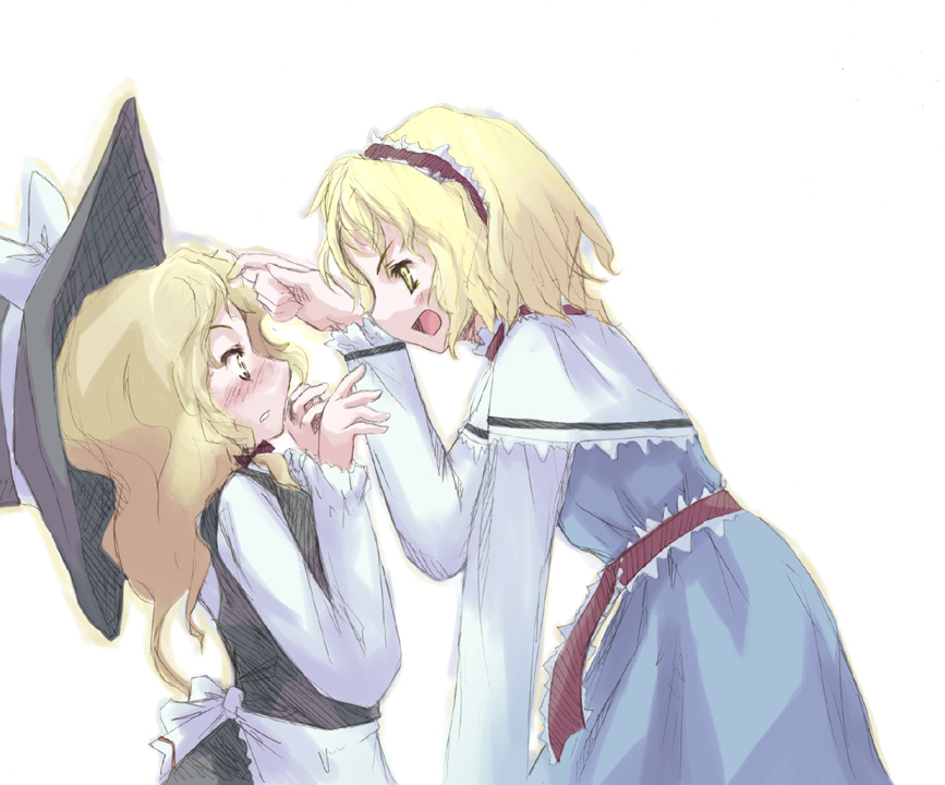 takanashi akihito, alice margatroid, kirisame marisa, touhou, 2girls, blonde hair, blush, dress, female focus, hair ribbon, hairband, hat, multiple girls, open mouth, ribbon, tress ribbon, witch hat, yellow eyes