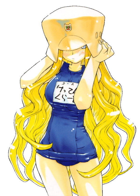 kio shimoku, ritsuko kubel kettenkrad, kujibiki unbalance, 00s, 1girl, blonde hair, blue eyes, blue one-piece swimsuit, blush, character name, female focus, helmet, long hair, name tag, one-piece swimsuit, one eye covered, school swimsuit, solo, standing, swimsuit, transparent background, very long hair, wavy hair, wide hips
