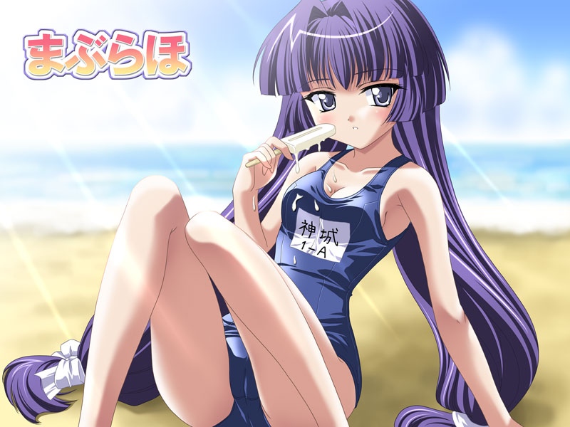 kamishiro rin, maburaho, 00s, 1girl, beach, blue one-piece swimsuit, breasts, cameltoe, character name, cleavage, copyright name, covered collarbone, day, dripping, female focus, food, hair intakes, knees together feet apart, long hair, name tag, narrow waist, ocean, one-piece swimsuit, outdoors, popsicle, sand, school swimsuit, sitting, solo, swimsuit, very long hair, water