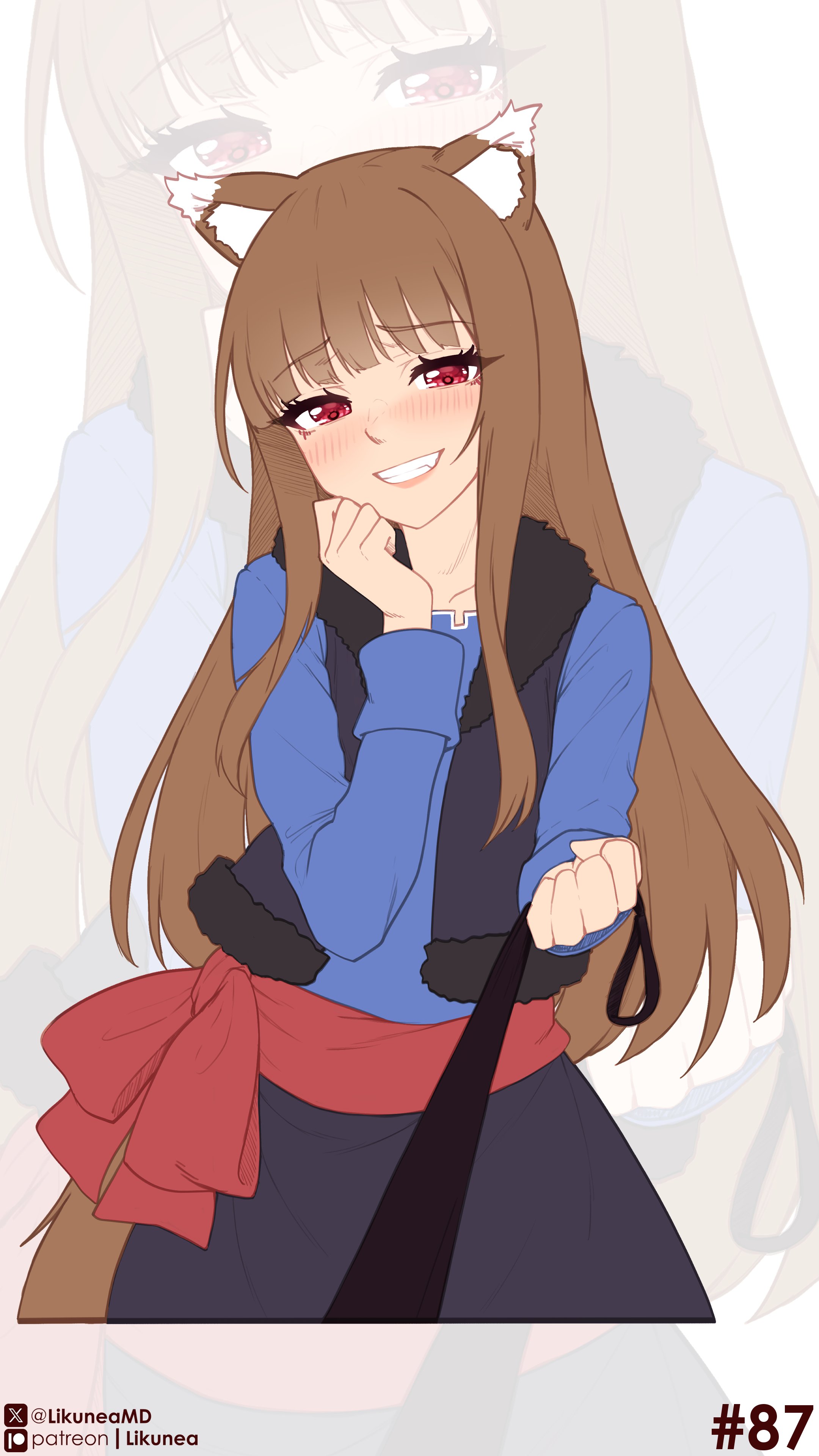 likunea, holo, spice and wolf, absurdres, highres, 1girl, animal ears, artist name, black skirt, black vest, blue shirt, blush, brown hair, brown tail, cowboy shot, cropped legs, holding, holding leash, leash, long hair, long sleeves, looking at viewer, pov, red eyes, red sash, sash, shirt, sidelocks, skirt, smile, smug, solo, tail, twitter username, very long hair, vest, wolf ears, wolf girl, wolf tail, zoom layer