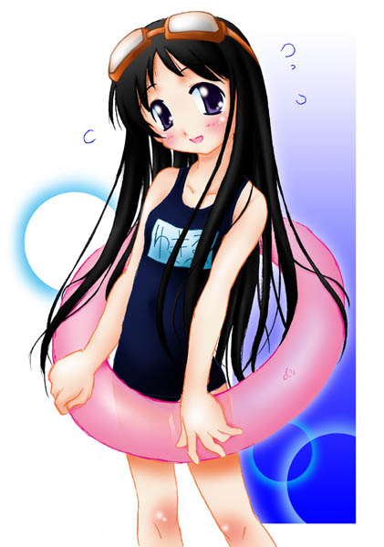 1girl, black hair, blue eyes, blush, body blush, female focus, goggles, innertube, name tag, one-piece swimsuit, purple eyes, school swimsuit, solo, swim ring, swimsuit