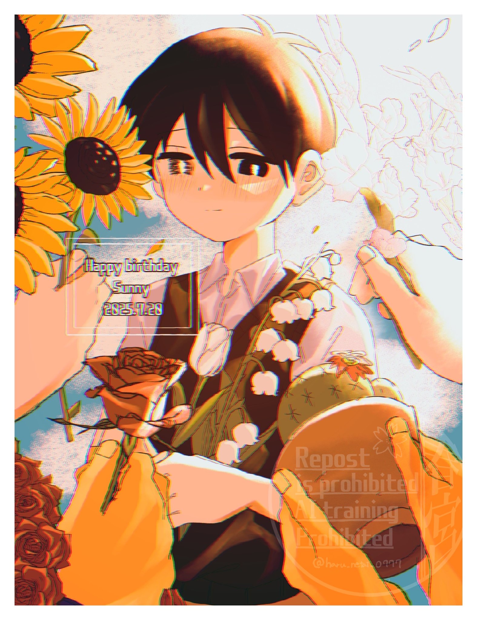 harumiya ut, aubrey (faraway) (omori), aubrey (omori), basil (faraway) (omori), basil (omori), hero (faraway) (omori), hero (omori), kel (faraway) (omori), kel (omori), omori, aliasing, highres, spoilers, 1girl, 4boys, antenna hair, black eyes, black sweater vest, blush, character name, closed mouth, collared shirt, dated, disembodied hand, double-parted bangs, flower, flower pot, gladiolus, grey eyes, hair between eyes, happy birthday, heterochromia, holding, holding flower, holding flower pot, looking at viewer, male focus, multiple boys, plant, potted plant, shirt, short hair, short sleeves, smile, sunflower, sweater vest, watermark, white shirt
