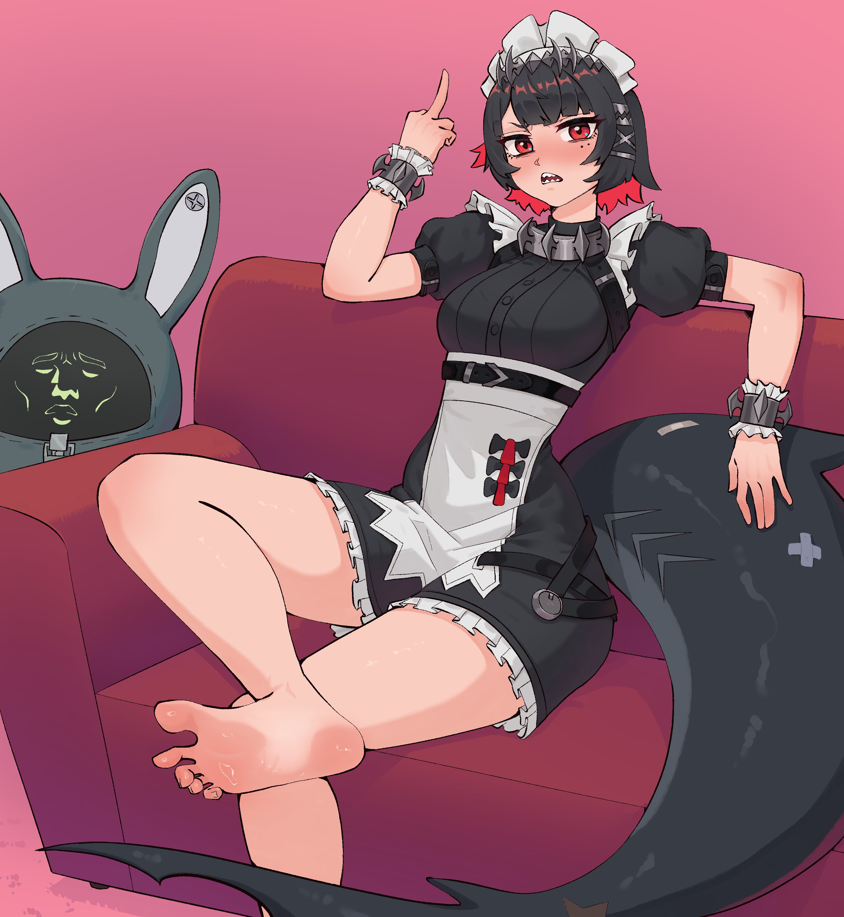 haolksou, ellen joe, zenless zone zero, absurdres, highres, 1girl, bare legs, barefoot, black dress, black hair, breasts, colored inner hair, couch, dress, eyelashes, feet, fins, fish tail, foot out of frame, frilled dress, frills, hair ornament, hairband, hairclip, indoors, legs, looking at viewer, maid headdress, medium breasts, metal hairband, middle finger, mole, mole under eye, multicolored hair, on couch, pink background, puffy short sleeves, puffy sleeves, red eyes, red hair, shark girl, shark tail, sharp teeth, short dress, short hair, short sleeves, simple background, sitting, soles, spread toes, sweat, tail, teeth, toenails, toes, v-shaped eyebrows, x hair ornament