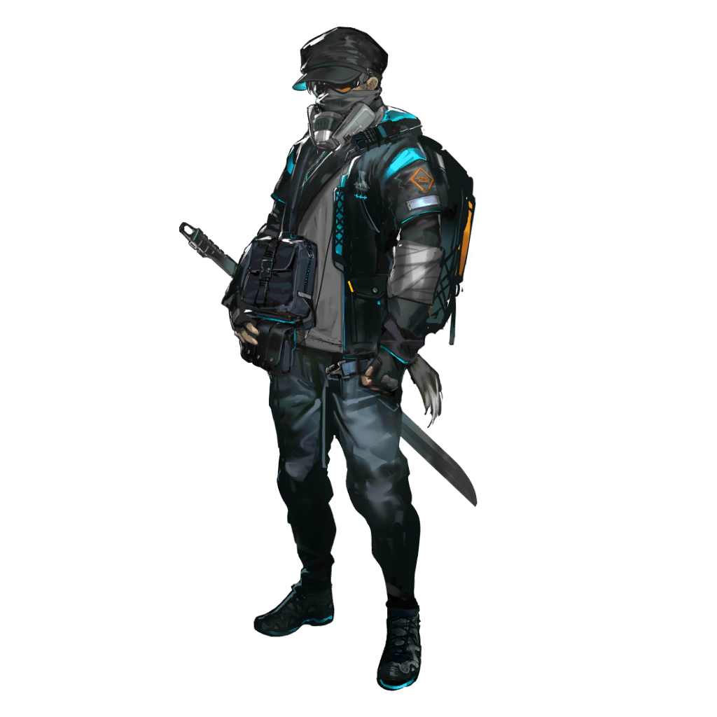 arknights, official art, third-party source, 1boy, backpack, bag, black gloves, black jacket, black shoes, blue pants, covered face, denim, field cap, fingerless gloves, full body, gas mask, gloves, goggles, grey shirt, hat, jacket, jeans, long sleeves, male focus, mask, pants, rhodes island field cap guard operator (arknights), shirt, shoes, shoulder bag, simple background, solo, standing, sword, tachi-e, tail, transparent background, walkie-talkie, weapon