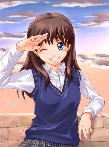 misaki juri, yuzuki shiiko, one – kagayaku kisetsu e, original, 00s, 1girl, 2002, blue eyes, brown hair, dated, female focus, one eye closed, pleated skirt, salute, school uniform, serafuku, signature, skirt, smile, solo, sweater, sweater vest, vest, wink