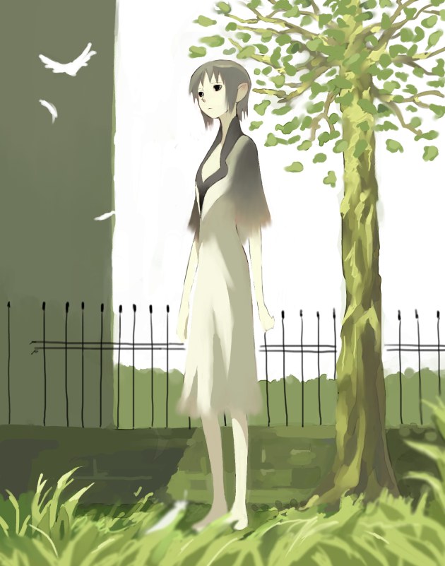 yorda, ico, painting (medium), traditional media, watercolor (medium), 1girl, bird, female focus, fence, grass, outdoors, pointy ears, solo, tree