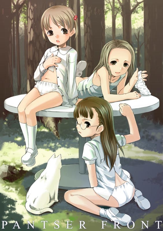 sody, original, 3girls, animal, ass, bottomless, cat, clothes lift, glasses, holding, holding panties, holding underwear, holding unworn clothes, kneeling, loli, lying, multiple girls, navel, no pants, on stomach, outdoors, panties, shirt lift, shoes, sitting, socks, underwear, unworn panties, wariza, white panties