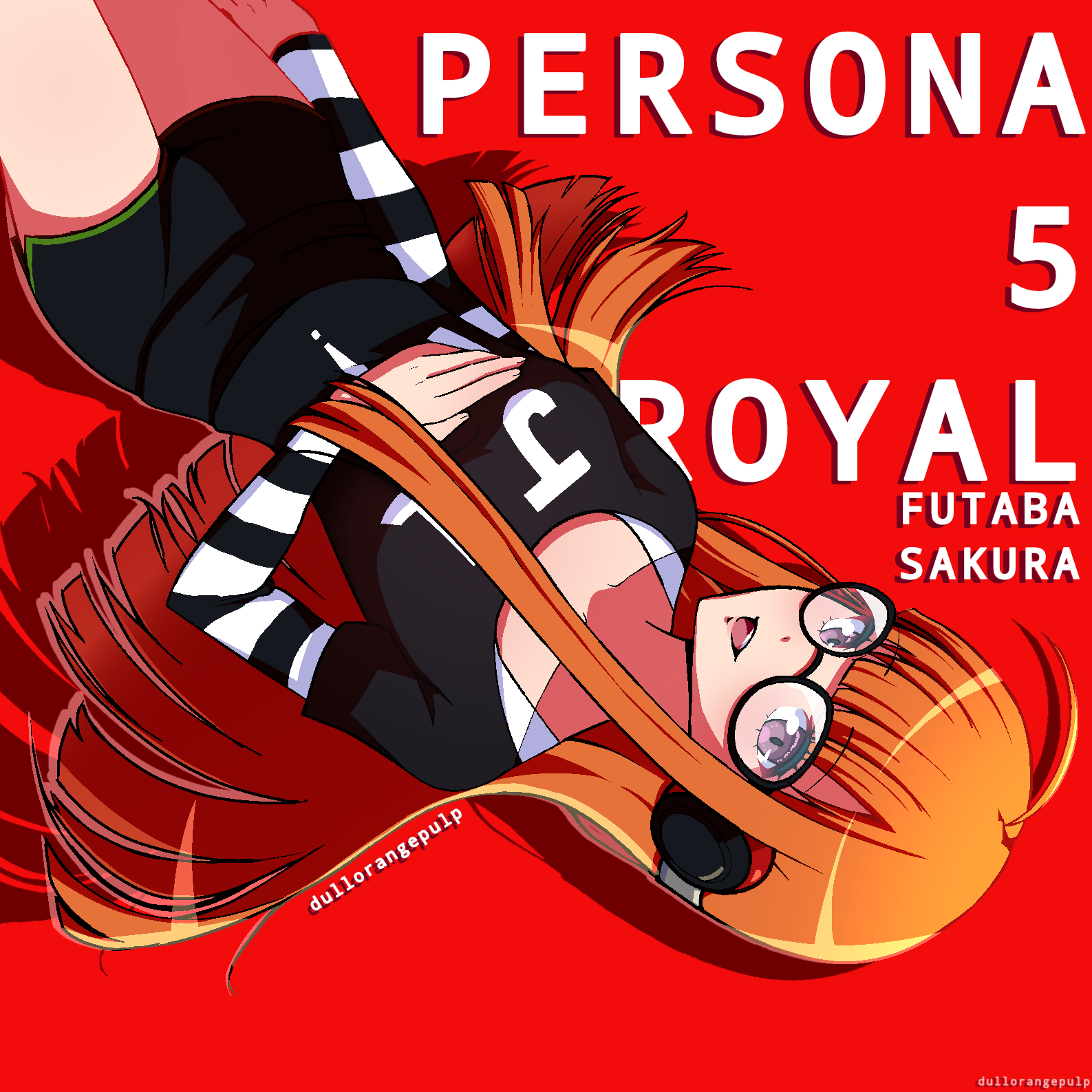 sakura futaba, persona, persona 5, persona 5 the royal, highres, 1girl, :d, ahoge, behind-the-head headphones, black shirt, black shorts, blunt bangs, breasts, character name, copyright name, dullorangepulp, glasses, headphones, long hair, looking at viewer, lying, on back, open mouth, orange hair, print shirt, purple eyes, red background, shirt, shorts, small breasts, smile, solo, very long hair