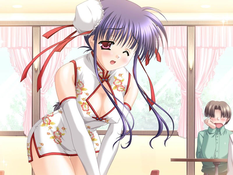 arisue tsukasa, ipponyari tamayo, usotsuki wa tenshi no hajimari, game cg, 1girl, blush, breasts, bun cover, china dress, chinese clothes, cleavage, curtains, double bun, dress, elbow gloves, gloves, medium breasts, one eye closed, purple eyes, purple hair, solo focus, waitress, white gloves, window, wink