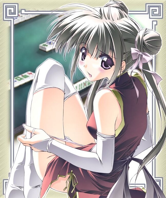 shintarou, 1girl, black hair, board game, china dress, chinese clothes, double bun, dress, elbow gloves, female focus, gloves, hair bun, mahjong, open mouth, panties, panty pull, purple eyes, solo, strip game, strip mahjong, thighhighs, underwear, white panties, white thighhighs
