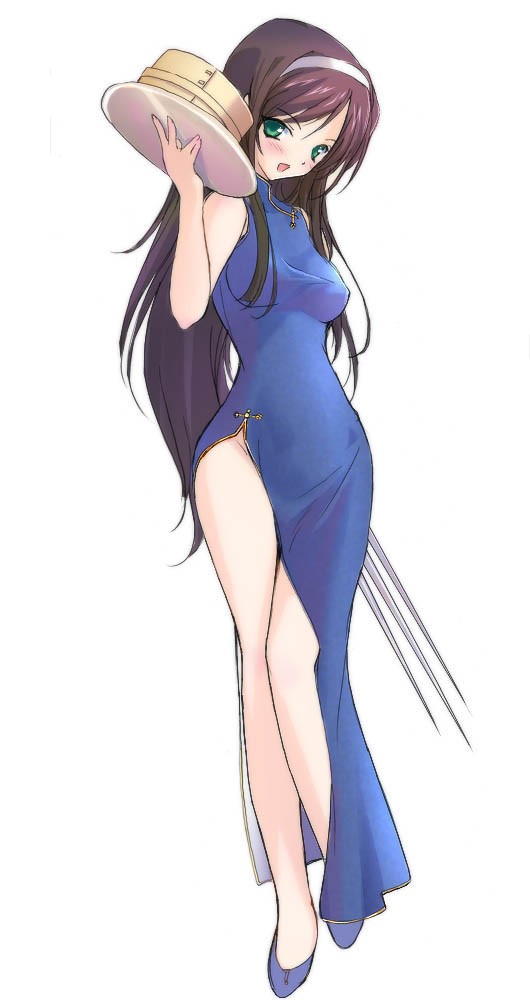 tohno akiha, tsukihime, 00s, 1girl, bamboo steamer, black hair, brown hair, china dress, chinese clothes, dress, female focus, green eyes, hairband, long hair, no panties, solo, sword, very long hair, waitress, weapon