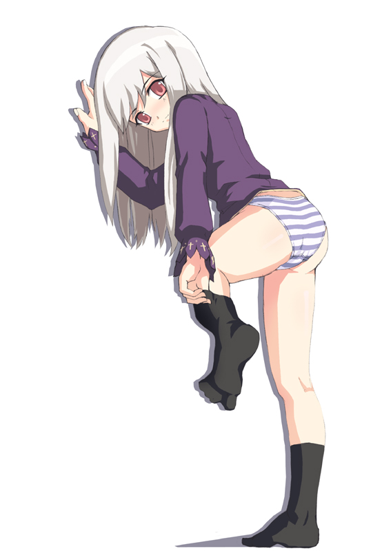 date (senpen), illyasviel von einzbern, fate/stay night, fate (series), 00s, 1girl, ass, black socks, blue panties, dressing, feet, female focus, leg lift, no pants, panties, socks, solo, standing, striped clothes, striped panties, underwear