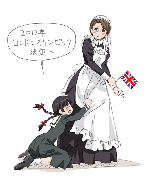 nakajima chizuna, emma, emma (victorian romance emma), shimazu yoshino, maria-sama ga miteru, olympics, victorian romance emma, white legwear, 2girls, apron, braid, crossover, hat, london, maid, maid apron, maid headdress, mary janes, mob cap, multiple girls, parody, shoes, sideways mouth, socks, speech bubble, twin braids, union jack, united kingdom, victorian maid