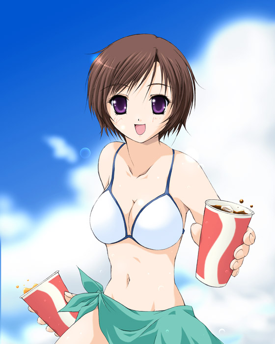 egvplus, midorigi mura, rinrin (sister princess), sister princess, 00s, 1girl, :d, bikini, blush, breasts, brown hair, cleavage, cloud, day, drink, dual wielding, female focus, holding, medium breasts, navel, open mouth, outdoors, purple eyes, sarong, short hair, sky, smile, solo, string bikini, swimsuit, white bikini