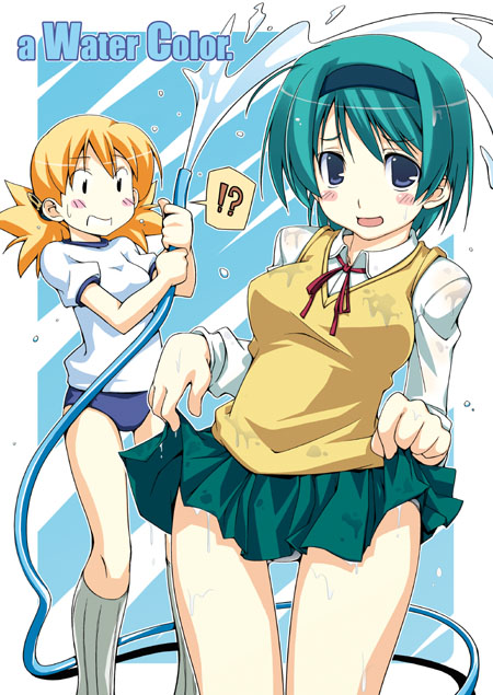 toruneko, sasamori karin, yoshioka chie, to heart (series), to heart 2, 00s, buruma, clothes lift, gym uniform, hairband, lifting own clothes, panties, skirt, skirt lift, underwear, white panties