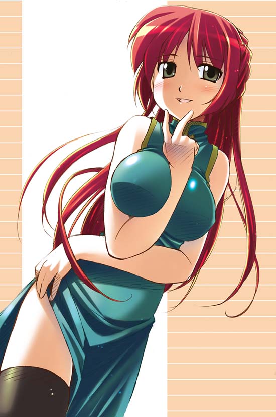 bakutendou, kousaka tamaki, to heart (series), to heart 2, 00s, 1girl, arm between breasts, between breasts, black thighhighs, blush, braid, breasts, brown eyes, china dress, chinese clothes, dress, female focus, large breasts, long hair, red hair, solo, thighhighs