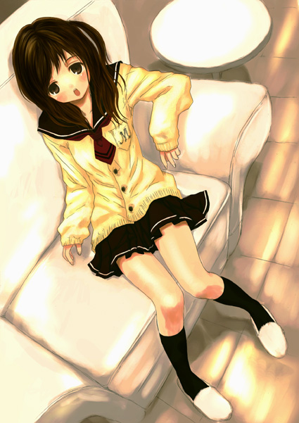 mikazukimo, brown hair, cardigan, couch, legs, long hair, pleated skirt, school uniform, serafuku, side ponytail, sitting, skirt, slippers, solo
