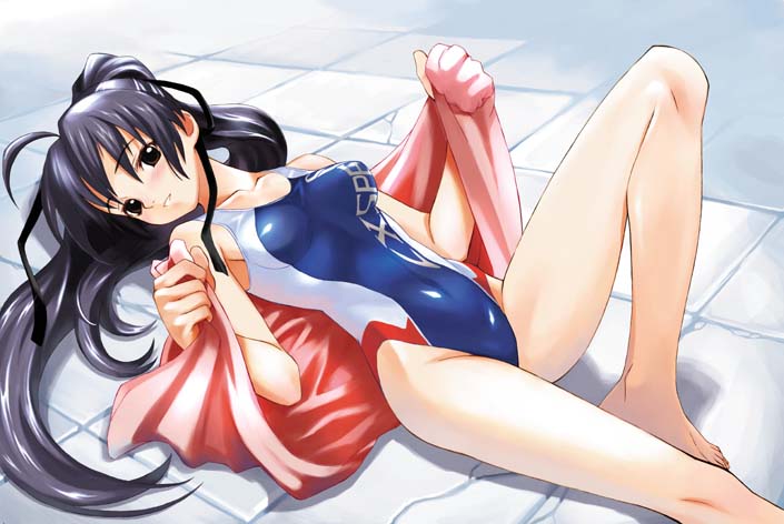 matsuryuu, original, 1girl, bare shoulders, barefoot, black hair, blush, breasts, brown eyes, collarbone, competition swimsuit, covered navel, feet out of frame, female focus, groin, highleg, highleg one-piece swimsuit, leg lift, long hair, looking at viewer, lying, medium breasts, on back, on floor, one-piece swimsuit, parted lips, ponytail, smile, solo, spread legs, swimsuit, toes, towel, very long hair
