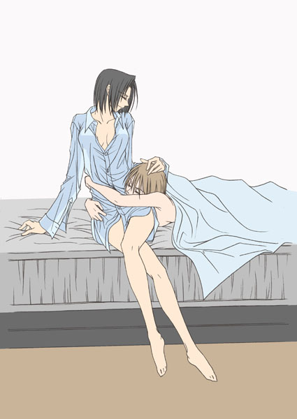 mizuno youko, satou sei, maria-sama ga miteru, 00s, 2girls, arms around waist, barefoot, bed, black hair, blonde hair, breasts, cleavage, closed eyes, couple, feet, female focus, hand on another's head, hug, lying, multiple girls, nude, short hair, sideboob, small breasts, yuri