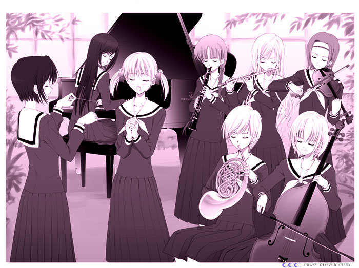 shirotsumekusa, fukuzawa yumi, hasekura rei, mizuno youko, ogasawara sachiko, satou sei, shimazu yoshino, torii eriko, toudou shimako, maria-sama ga miteru, 00s, 6+girls, cello, clarinet, flute, french horn, grand piano, instrument, long skirt, monochrome, multiple girls, music, piano, piano bench, pleated skirt, purple theme, school uniform, serafuku, singing, skirt, violin