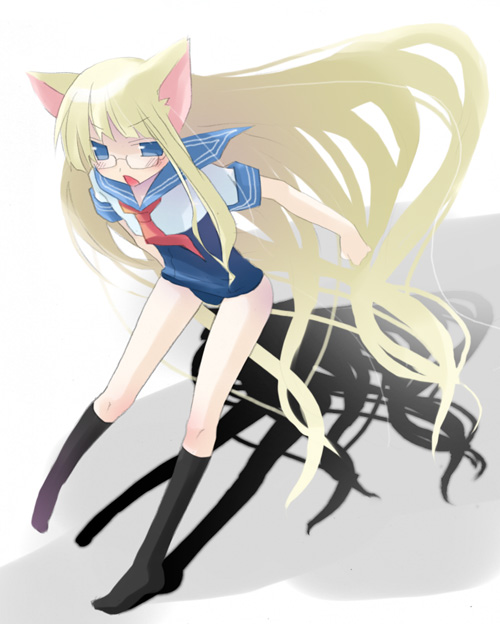 sazaki ichiri, evangeline a.k. mcdowell, mahou sensei negima!, original, 00s, 1girl, animal ears, blonde hair, blue eyes, cat ears, female focus, glasses, kneehighs, long hair, no pants, one-piece swimsuit, open mouth, school swimsuit, school uniform, serafuku, shadow, socks, solo, swimsuit, swimsuit under clothes, vampire, very long hair