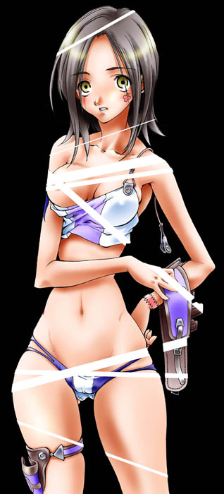 natsuno suika, talho yuuki, eureka seven, eureka seven (series), 00s, 1girl, black background, breasts, cameltoe, female focus, hand on own hip, nipples, simple background, solo, thigh strap, thighs
