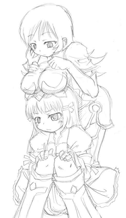 naruse mamoru, kotona elegance, re mii, zoids, zoids genesis, 00s, 2girls, breast rest, breasts, breasts on head, greyscale, monochrome, multiple girls