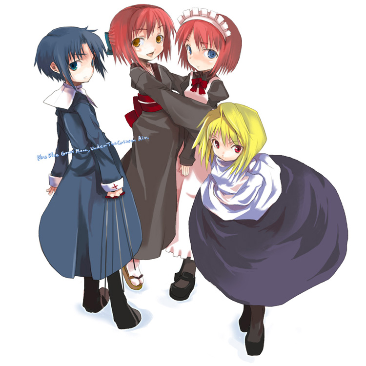 obscur, arcueid brunestud, ciel (tsukihime), hisui (tsukihime), kohaku (tsukihime), tsukihime, habit, bad perspective, 00s, 4girls, apron, bad anatomy, bad proportions, between fingers, blonde hair, blue dress, blue eyes, blue hair, bow, cross, dress, full body, hair bow, holding, hug, japanese clothes, kimono, leaning forward, long skirt, long sleeves, looking at viewer, looking back, maid, maid apron, maid headdress, multiple girls, obi, pantyhose, poorly drawn, purple skirt, red eyes, red hair, sandals, sash, short hair, siblings, simple background, sisters, skirt, standing, sweater, turtleneck, twins, yellow eyes, zouri