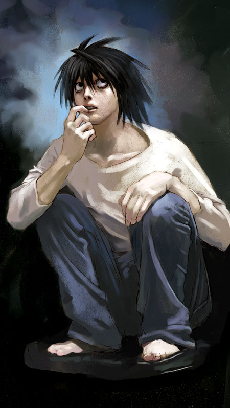 itou satoshi, l (death note), death note, 00s, 1boy, bags under eyes, barefoot, black eyes, black hair, denim, jeans, male focus, messy hair, pants, realistic, solo, squatting