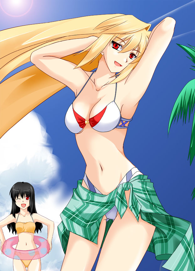 altrouge brunestud, arcueid brunestud, tsukihime, 00s, 2girls, bikini, black hair, blonde hair, cloud, day, highleg, highleg bikini, innertube, long hair, multiple girls, one eye closed, plaid clothes, plaid sarong, red eyes, sarong, string bikini, swim ring, swimsuit, vampire, wink