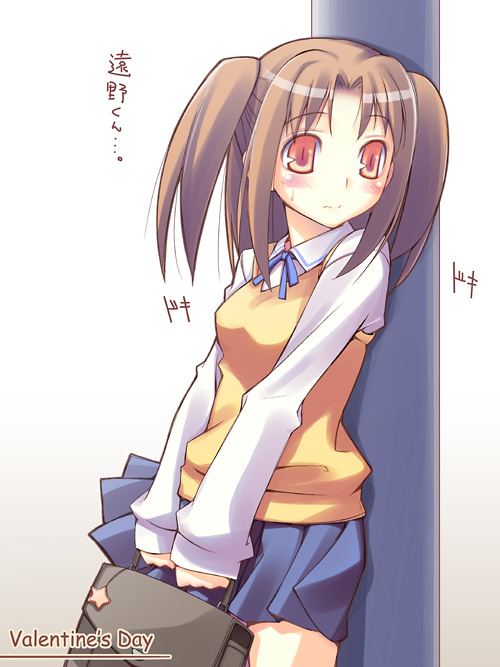 toruneko, yumizuka satsuki, tsukihime, 00s, 1girl, blue skirt, blush, female focus, long sleeves, pleated skirt, school uniform, serafuku, skirt, solo, sweater, sweater vest, twintails, two side up, vest
