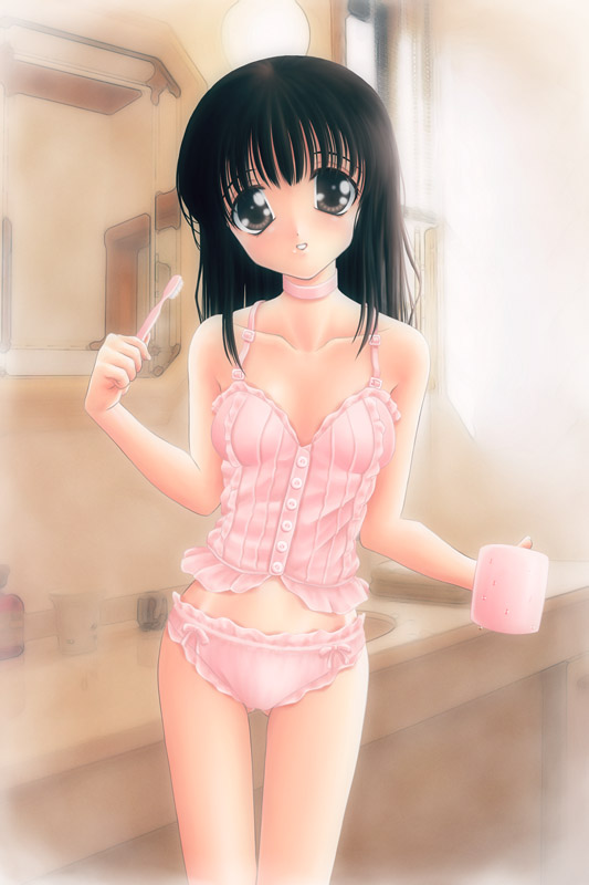 hide (rightstuff annex), 1girl, bathroom, black hair, blush, brown eyes, camisole, choker, cup, female focus, frilled panties, frills, lingerie, mirror, panties, pink panties, sink, smile, solo, staring, toothbrush, underwear, underwear only, window