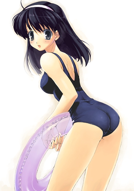 uchiu kazuma, ahoge, ass, black eyes, black hair, hairband, innertube, long hair, one-piece swimsuit, school swimsuit, solo, swim ring, swimsuit