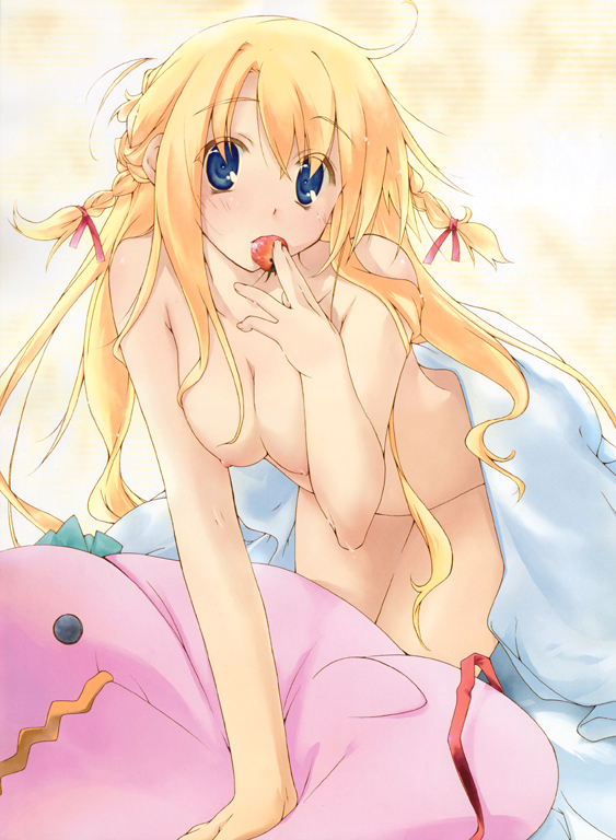 kokonoka, sorune, ouka (game), non-web source, 1girl, all fours, bed sheet, blonde hair, blue eyes, braid, breasts, completely nude, eating, female focus, food, fruit, large breasts, long hair, messy hair, naked sheet, nipples, nude, pillow, ribbon, solo, strawberry, twin braids, under covers