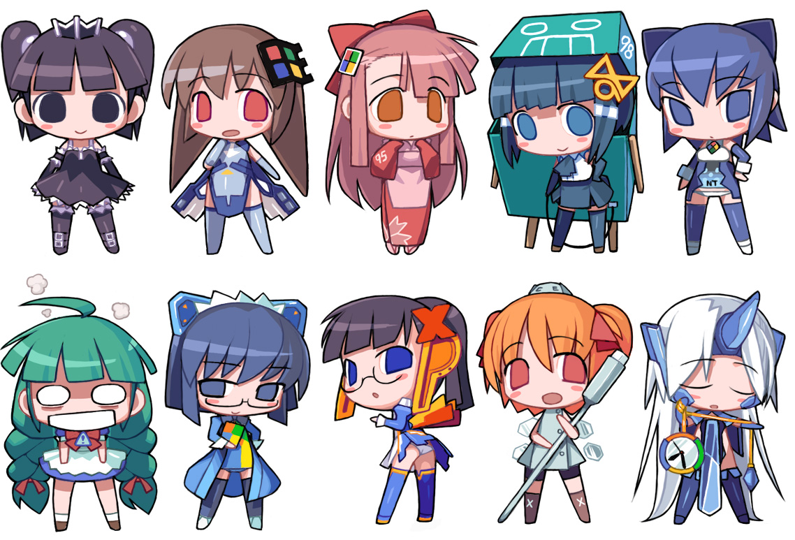 2k-tan, 95-tan, 98-tan, 98se-tan, ce-tan, dos, longhorn, me-tan, nt-tan, xp-tan, microsoft windows, os-tan, windows 2000, windows classic, 6+girls, ahoge, ascot, black eyes, black hair, blue eyes, blunt bangs, blush stickers, bob cut, bow, braid, broken, brown hair, chibi, chibi only, closed eyes, coat, crown, elbow gloves, everyone, female focus, glasses, gloves, green hair, hair ornament, hairclip, horns, japanese clothes, kimono, leash, long hair, looking back, maid, maid headdress, miniskirt, multiple girls, neck ribbon, o o, one-piece swimsuit, open mouth, orange eyes, orange hair, overcoat, panties, pantyshot, pocket watch, ponytail, purple hair, red eyes, ribbon, short hair, simple background, single horn, skirt, smile, smoke, socks, standing, swimsuit, swimsuit under clothes, thighhighs, twin braids, twintails, underwear, usb, very long hair, watch, white background